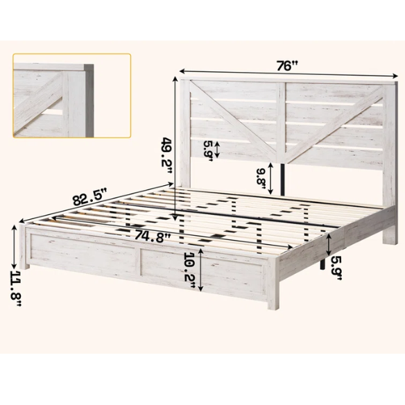Farmhouse Classic Bed Frame with 49.2" Barn Door-Inspired Headboard, Ample Under-Bed Storage, Sturdy Metal Frame, and Silent Cotton Padding for Peaceful Sleep