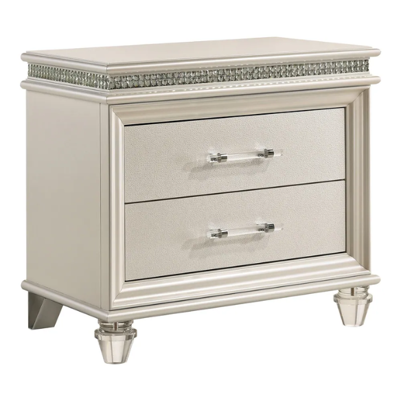 2-Piece Glam White Solid Wood Platform Bedroom Set with LED Lighting & Crystal Accents
