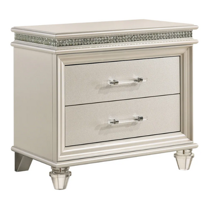 2-Piece Glam White Solid Wood Platform Bedroom Set with LED Lighting & Crystal Accents