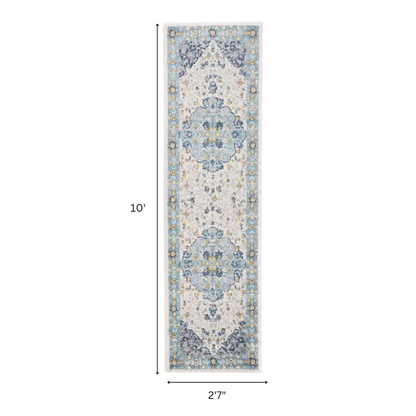 Distressed Oriental-Inspired Indoor Rug – Blue, Yellow & Cream Medallion Pattern, Stain-Resistant, Fade-Resistant, Perfect for Traditional & French Country Décor