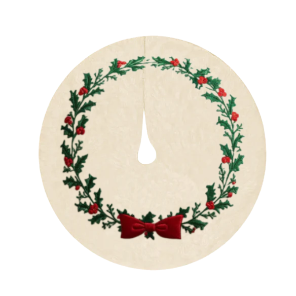 Embroidered Holly & Berry Beige Christmas Tree Skirt with Red Bow