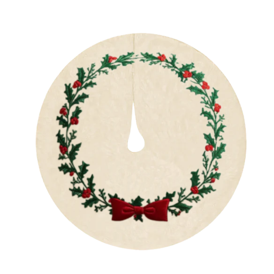 Embroidered Holly & Berry Beige Christmas Tree Skirt with Red Bow