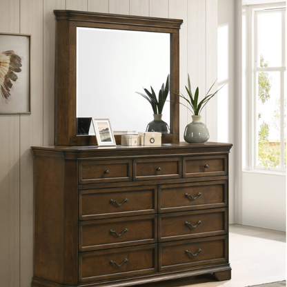 Classic Traditional Wood Queen Panel Bed with Dresser, Mirror, and Two Nightstands in Antique Walnut Finish