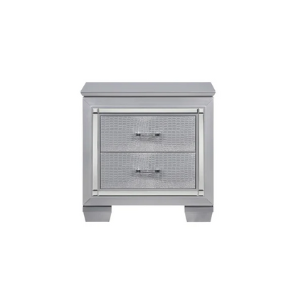 3-Piece Silver Modern LED Panel Bedroom Set with Faux Leather Upholstered Tufted Headboard, Alligator Embossing, and Crystal-Enhanced Accents