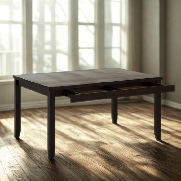 Solid Wood Rectangular Dining Table with Two Drawers – Distressed Finish, Rubberwood Construction, and Organized Storage