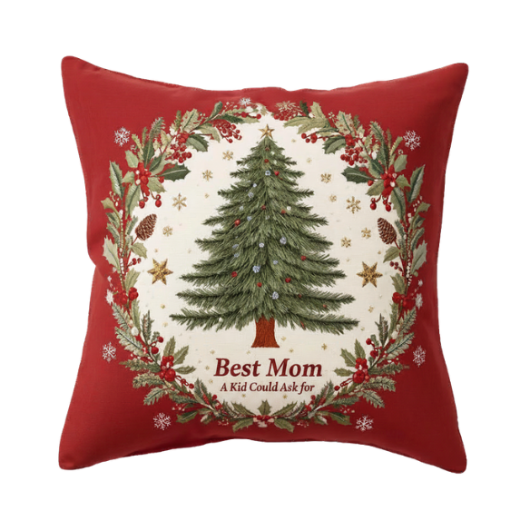 Best Mom A Kid Could Ask For Red Throw Pillow with Festive Embroidered Christmas Design