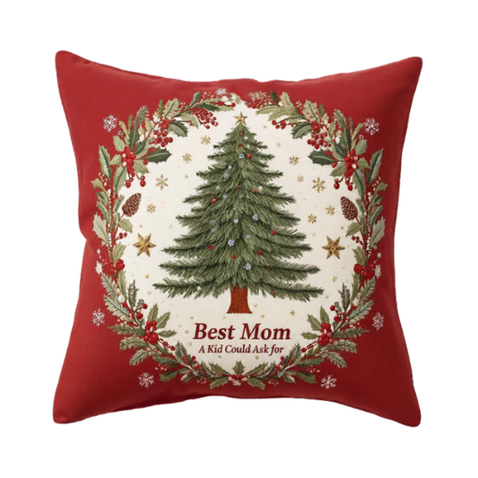 Best Mom A Kid Could Ask For Red Throw Pillow with Festive Embroidered Christmas Design