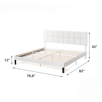 Modern King Size Upholstered Low Profile Platform Bed – Square-Tufted Headboard, Durable Steel Frame