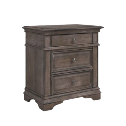 3-Piece Rustic Upholstered Panel Queen Bedroom Set in Driftwood Grey or Rustic Ivory – Includes Nightstand, Double Dresser with Mirror, and Button-Tufted Bed with Nailhead Trim