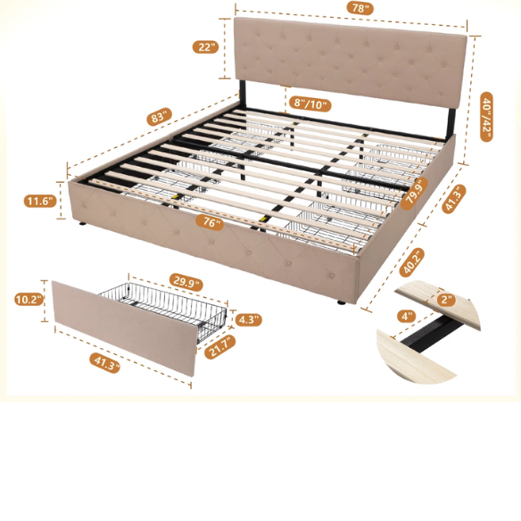 King Size Upholstered Platform Storage Bed with Spacious Drawers, Quiet Structure, and Sleek Minimalist Design