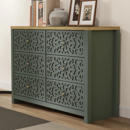 Boho-Inspired 45.4" 6-Drawer Dresser with Distressed Finish and Openwork Floral Details