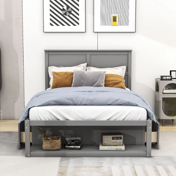 Gray Wooden Full Size Platform Bed with Headboard, 2 Drawers & Built-In Shelf – Stylish Storage & Functional Design