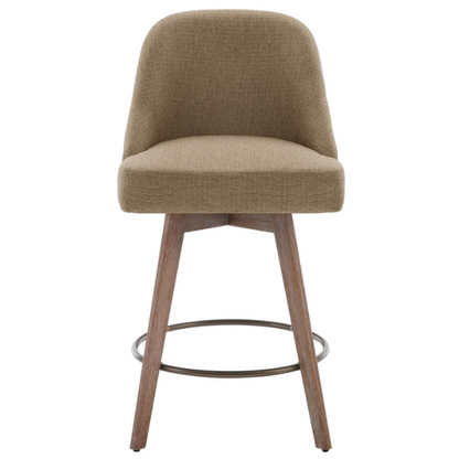 Modern Counter Height Swivel Bar Stool – Upholstered Faux Leather/Polyester Blend Seat, Solid Beech Wood Frame, Ergonomic High Back, Bronze Metal Footrest, 300lb Capacity for Kitchen, Bar, or Pub