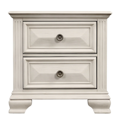 Distressed Parchment Wood Bedroom Set with Panel Bed, Dresser, Mirror, and Nightstand, Featuring Silver Accents and Fluted Pilasters