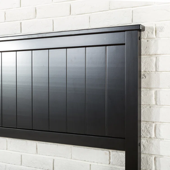 Modern Farmhouse King Size Solid Wood Platform Bed with Slat-Style Headboard and Matte Black Finish