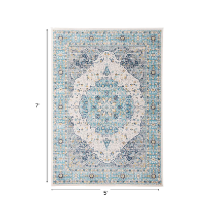 Distressed Oriental-Inspired Indoor Rug – Blue, Yellow & Cream Medallion Pattern, Stain-Resistant, Fade-Resistant, Perfect for Traditional & French Country Décor