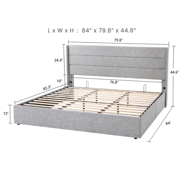 Modern King Size Upholstered Platform Bed with Hydraulic Lift Storage – Sleek Grooved Headboard, Space-Saving Design, and No Box Spring Needed