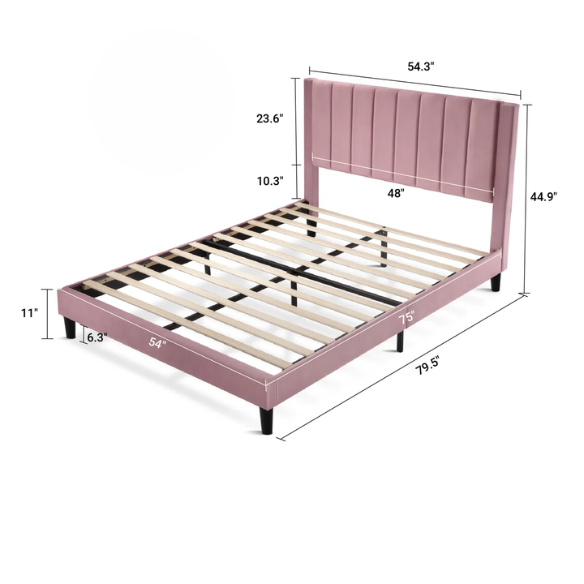 Luxurious Upholstered Platform Bed – Full/Double Size with Velvet Upholstery and Striped Headboard for Elegant Comfort