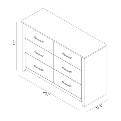 Modern 6-Drawer Double Dresser with Flared Feet and Sleek Black Metal Handles