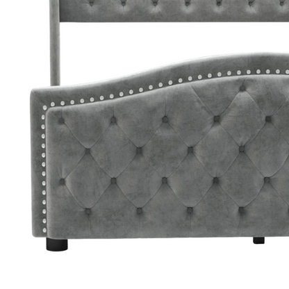 Luxurious King Size Velvet Upholstered Platform Bed with Tufted Camelback Headboard, Nailhead Trim, and 4 Built-In Storage Drawers – Stylish and Functional Bedroom Upgrade