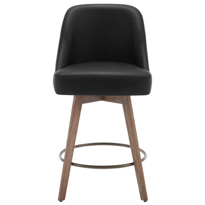 Modern Counter Height Swivel Bar Stool – Upholstered Faux Leather/Polyester Blend Seat, Solid Beech Wood Frame, Ergonomic High Back, Bronze Metal Footrest, 300lb Capacity for Kitchen, Bar, or Pub