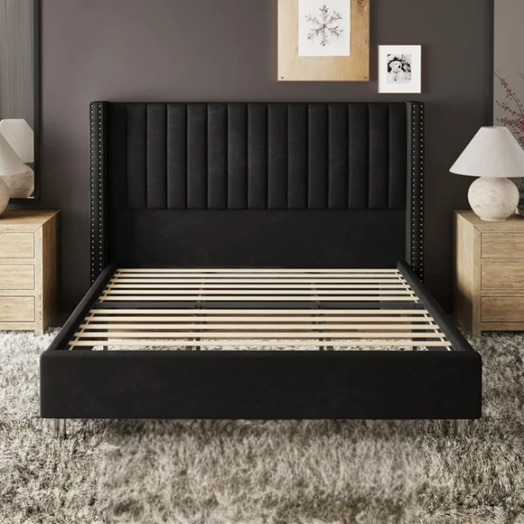 Velvet Upholstered Queen Size Platform Bed with Tufted Button Detail on Headboard