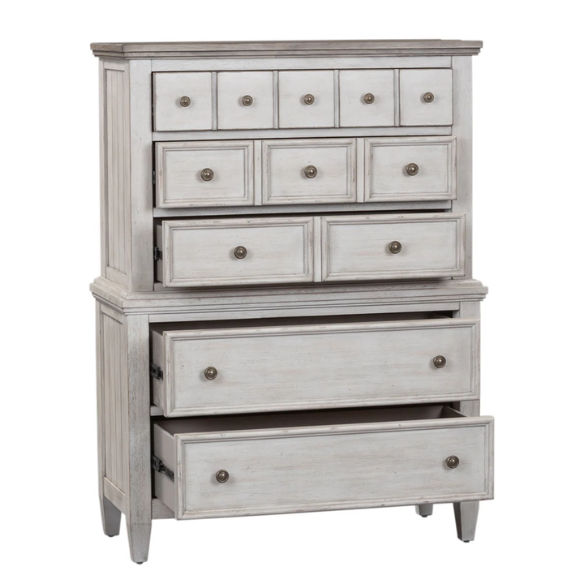 Transform Your Farmhouse Bedroom with the Queen Panel Bed, Dresser, Mirror, and Chest Set – Featuring Rustic Charm and Elegant Storage