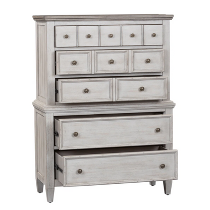 Transform Your Farmhouse Bedroom with the Queen Panel Bed, Dresser, Mirror, and Chest Set – Featuring Rustic Charm and Elegant Storage
