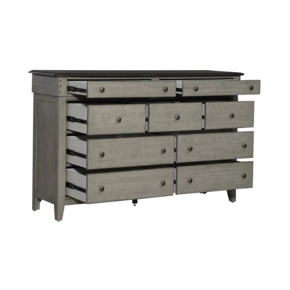 Farmhouse-Inspired Queen Bedroom Set  Panel Bed, Dresser, Mirror, and Nightstand with Built-in Charging Station