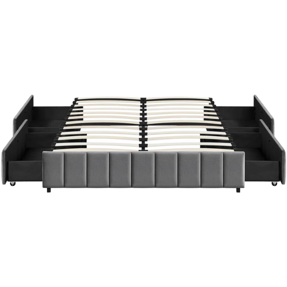 King Size Upholstered Platform Storage Bed with Velvet Fabric, Channel-Tufted Accents, and Built-In Drawers for Extra Storage
