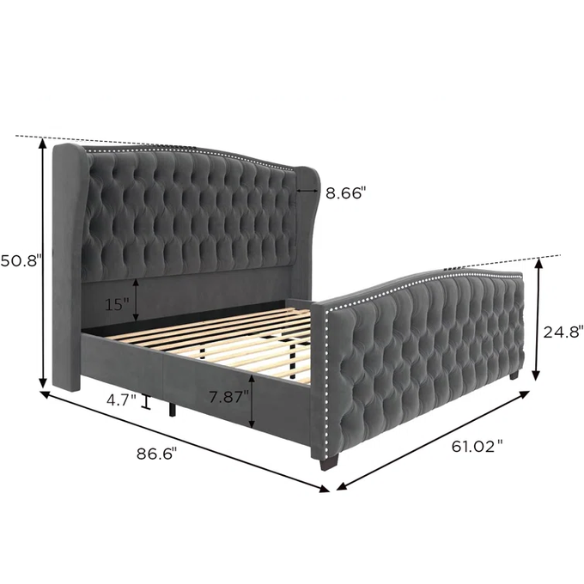 Velvet Queen Size Bed with Button Tufted Upholstery, Nailhead Trim, and Wingback Headboard