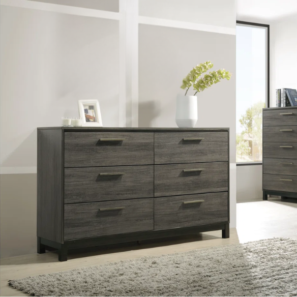 Contemporary 5-Piece Queen Bedroom Set with Solid Black and Weathered Gray Finish – Includes Bed, Dresser, Mirror, and Nightstands