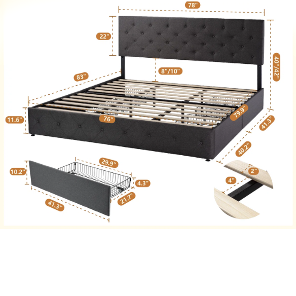 King Size Upholstered Platform Storage Bed with Spacious Drawers, Quiet Structure, and Sleek Minimalist Design