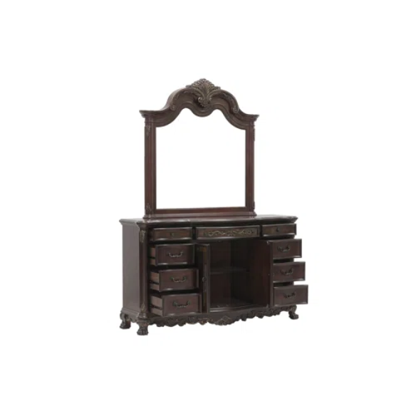 4-Piece Configurable Bedroom Set with Solid Cherry Wood Construction, Antique Walnut Veneer, Crown Molding, Carved Claw Feet, and Ample Storage - Includes Bed, Dresser, Nightstand, and Matching Mirror