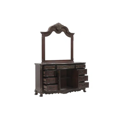 4-Piece Configurable Bedroom Set with Solid Cherry Wood Construction, Antique Walnut Veneer, Crown Molding, Carved Claw Feet, and Ample Storage - Includes Bed, Dresser, Nightstand, and Matching Mirror