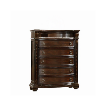 Classic Elegance 5-Piece Queen Bedroom Set in Dark Walnut with Button-Tufted Headboard, Marble-Topped Nightstand, 11-Drawer Dresser, Beveled Mirror, and Storage Chest