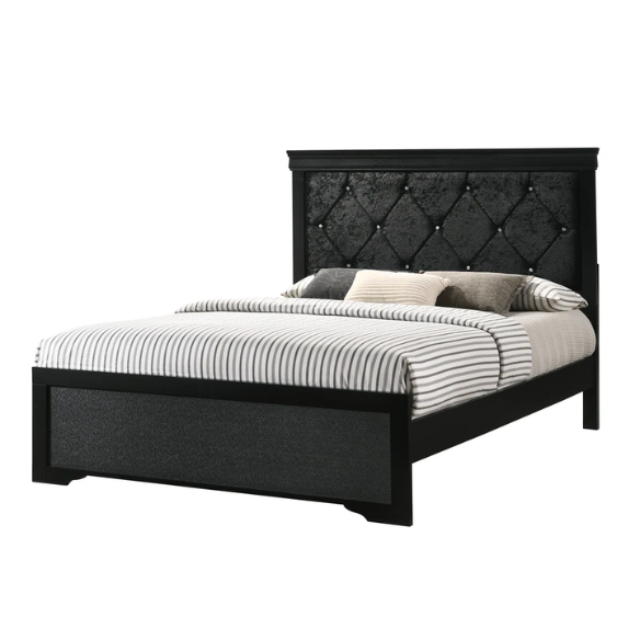 Luxurious 5-Piece Full Double Size Bedroom Set – Diamond Tufted Velvet Headboard with Wooden Trim and Elegant Button Detailing
