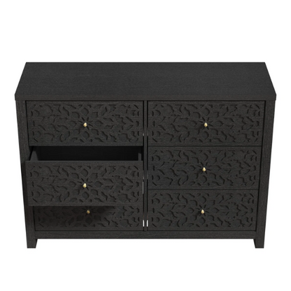 Boho-Inspired 45.4" 6-Drawer Dresser with Distressed Finish and Openwork Floral Details