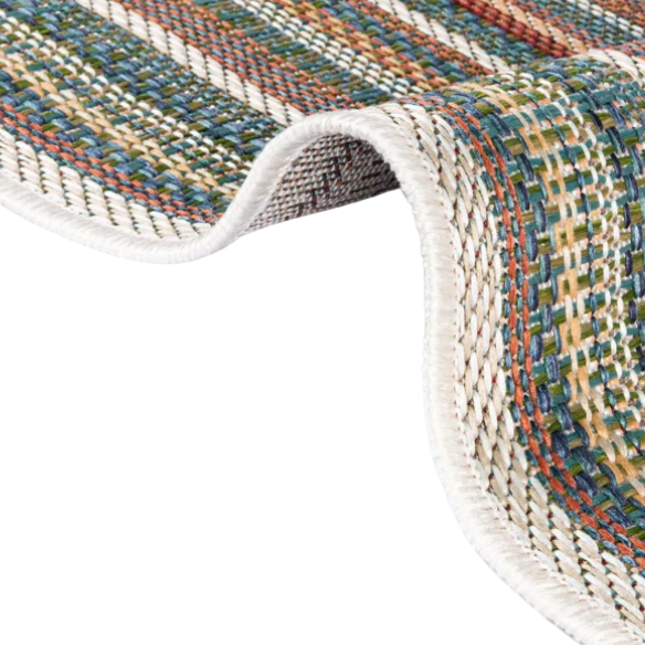 Coastal-Inspired Geometric Rug – Fade & Stain-Resistant, Green & Orange Pattern, Ideal for Indoor/Outdoor Use