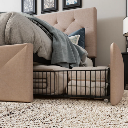 Queen Size Upholstered Platform Storage Bed with Tufted Button Accent Design