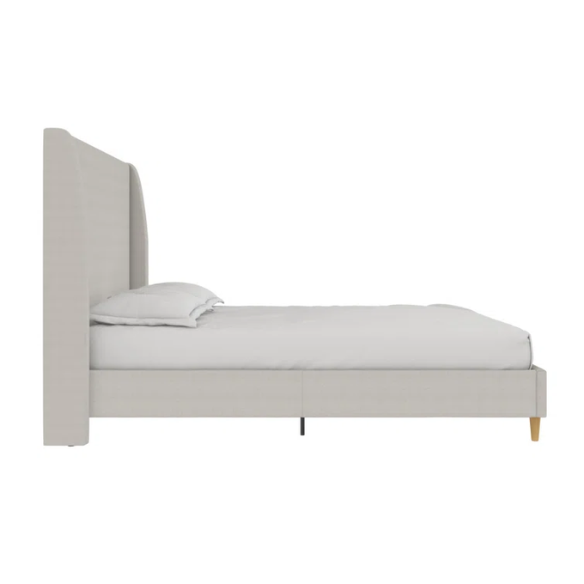 Luxurious Queen Size Upholstered Wingback Bed in Soft Linen Fabric