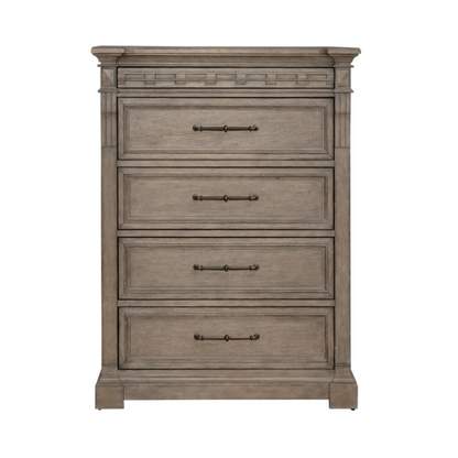 Timeless Elegance Barrigan 6-Piece King Panel Bed, Dresser, Mirror, Chest & Nightstand Set – Dusty Taupe Finish, Burnished Brass Accents, Full Extension Drawers, Cedar & Felt-Lined Drawers, Decorative Fretwork, and Built-in Charging Station
