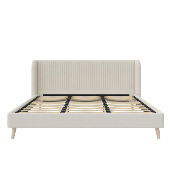 King Size Upholstered Wingback Platform Bed – Luxe Velvet Headboard with Vertical Tufting, Mid-Century Modern Design, and Space-Saving Wooden Frame