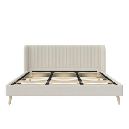 King Size Upholstered Wingback Platform Bed – Luxe Velvet Headboard with Vertical Tufting, Mid-Century Modern Design, and Space-Saving Wooden Frame
