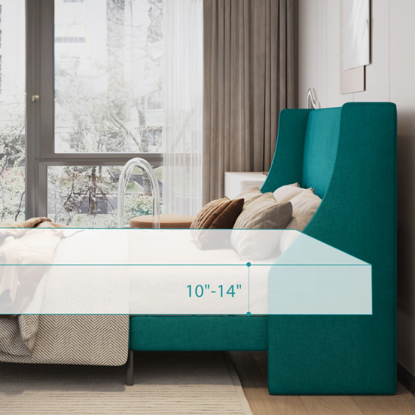Modern Queen Size Upholstered Platform Bed with Deluxe Wingback and Linen Blend Fabric
