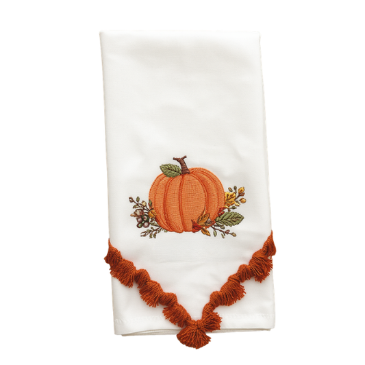 Embroidered Pumpkin Kitchen Towel with Tassel Fringe