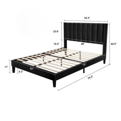 Luxurious Upholstered Platform Bed – Full/Double Size with Velvet Upholstery and Striped Headboard for Elegant Comfort