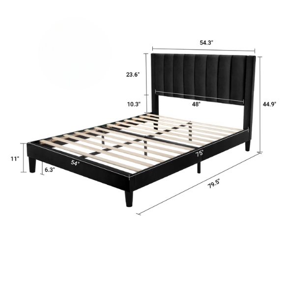 Luxurious Upholstered Platform Bed – Full/Double Size with Velvet Upholstery and Striped Headboard for Elegant Comfort