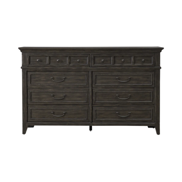 Timeless Queen Bedroom Set with Saddle Brown Panel Bed, Dresser, Mirror, and Antique Pewter Hardware