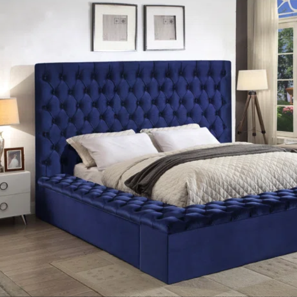 Elegant Velvet Upholstered King Size Platform Storage Bed with Tufted Headboard and Slats